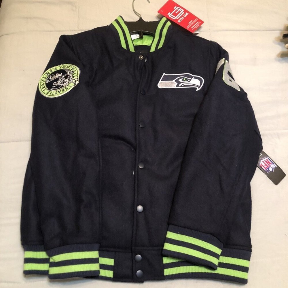NFL Seattle Seahawk Navy Poly Twill Varsity Jacket Youth Size Large 14/12 New